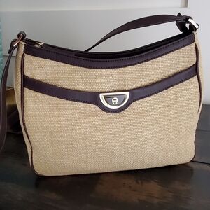 Etienne Aigner Woven Jute Shoulder Bag, Merlot Faux Leather Trim, Like New